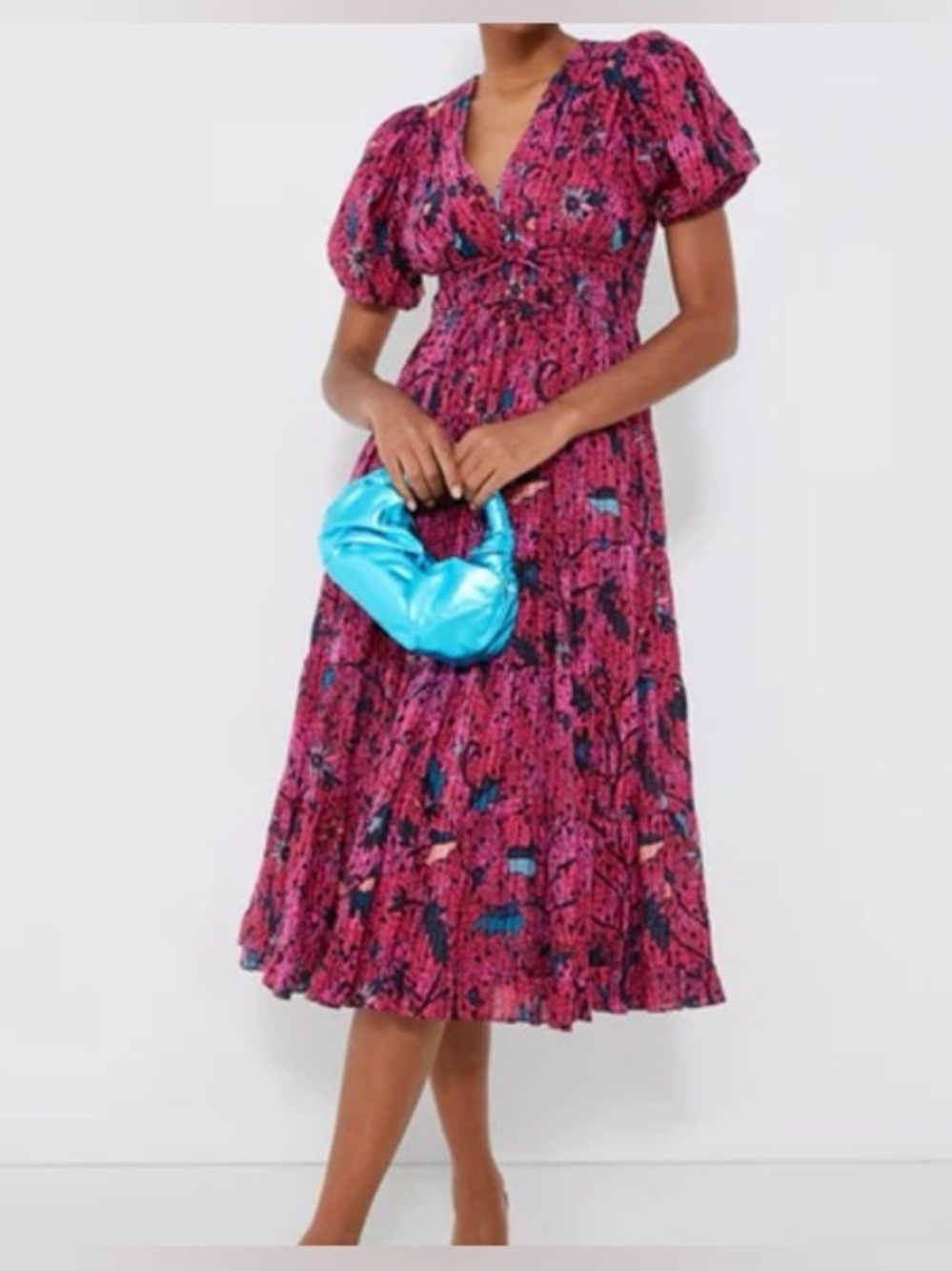 ULLA JOHNSON Thelma Tiered Puff-Sleeve Midi Dress pink printed sz 8